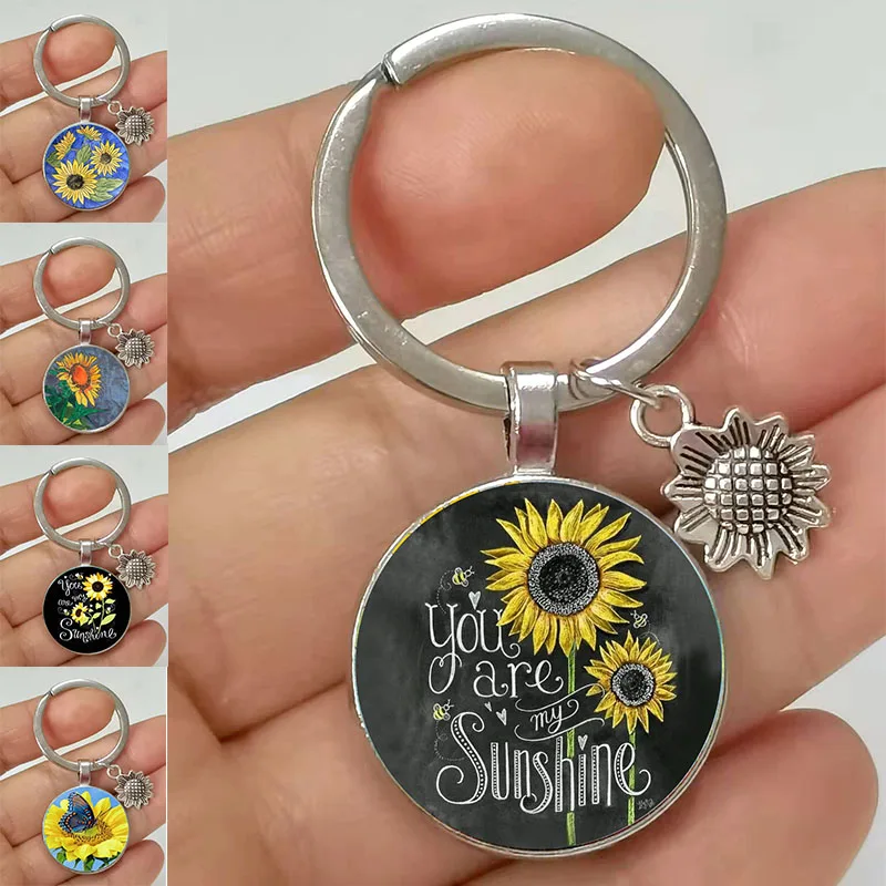 Hot Sale Sunflower Alloy Glass Convex Keychain Car Keychain Case Charm Metal Keyring Keychain Gift For Women, Men