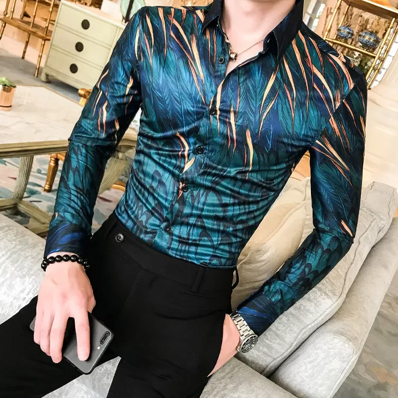 

High quality men's floral shirt 2019 autumn long sleeve tuxedo shirt street clothing men's slim casual social club shirt