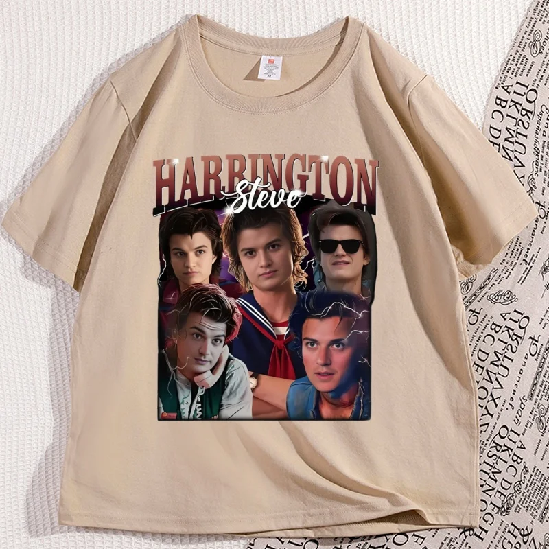 Фото Хлопковая футболка Steve Harrington с коротким рукавом и круглым вырезом, футболка для няни, уличная одежда большого размера, повседневная повседневная футболка №1