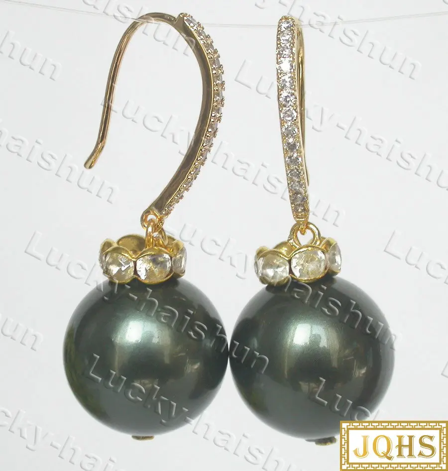 

JQHS Dangle 12mm 14mm 16mm 20mm Round Tahitian Black South Sea Shell Pearls Earrings Rolled Gold Hook C760