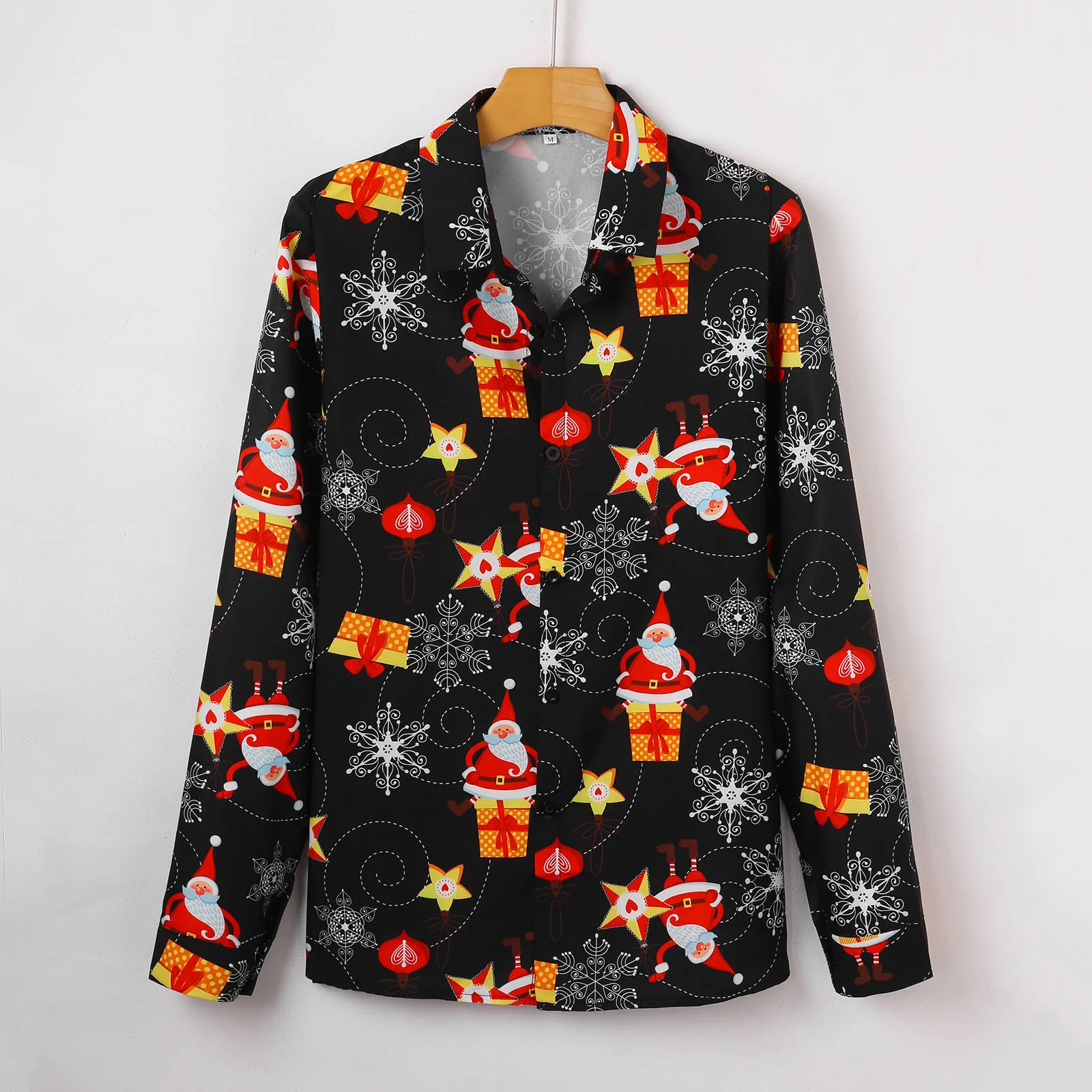 

Men Fashion Festival Style Christmas X-mas Santa Claus Printed Black Shirts Full Sleeve Button Top Male Camisas De Los Hombres