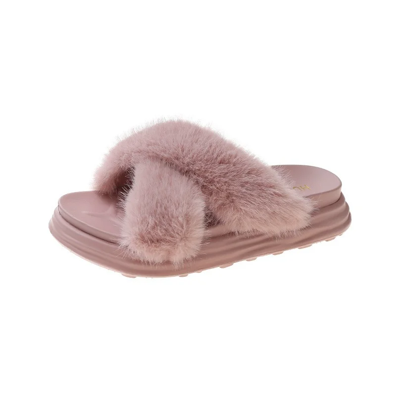Thick Bottom Cross Plush Upper Sandals and Slippers Women's 2022 New Outer Wear Plush Women's Shoes Fashion Open Toe Slippers