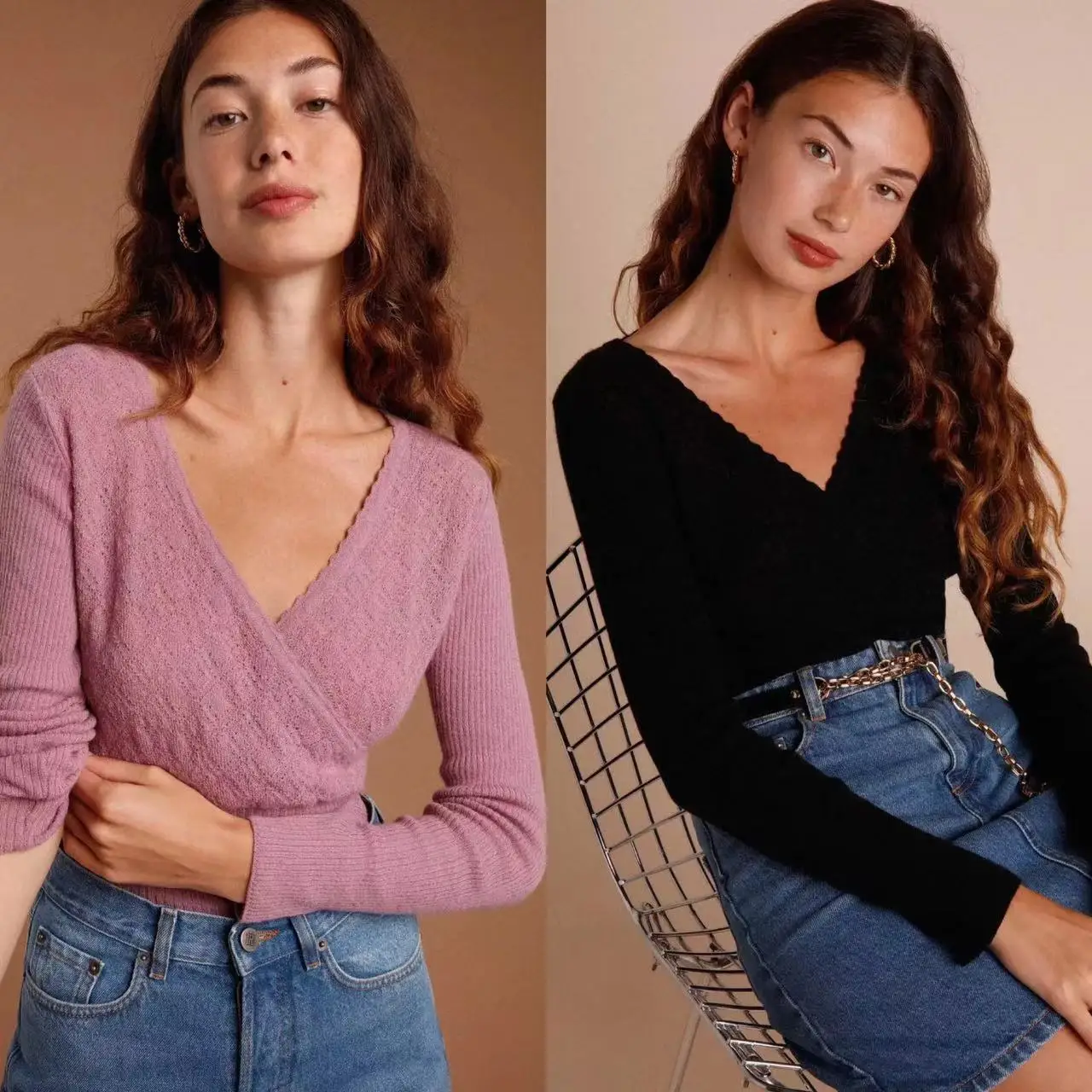 

Autumn and Winter 2022 New Wool Blended Elastic Twisted Flower Slim Sexy V-Neck Wrapped Knit Top