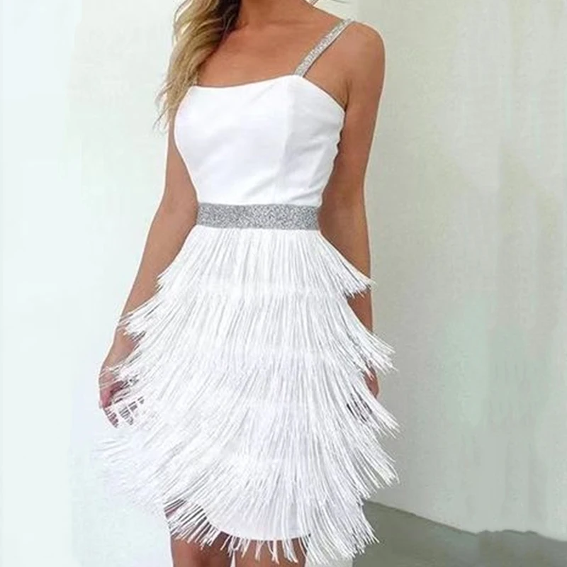 

Fashion Tassel Style Lining Bodycon Dress Female Off Shoulder Backless Mini Dress Elegant Women Shinny Sequin Sling Party Dress