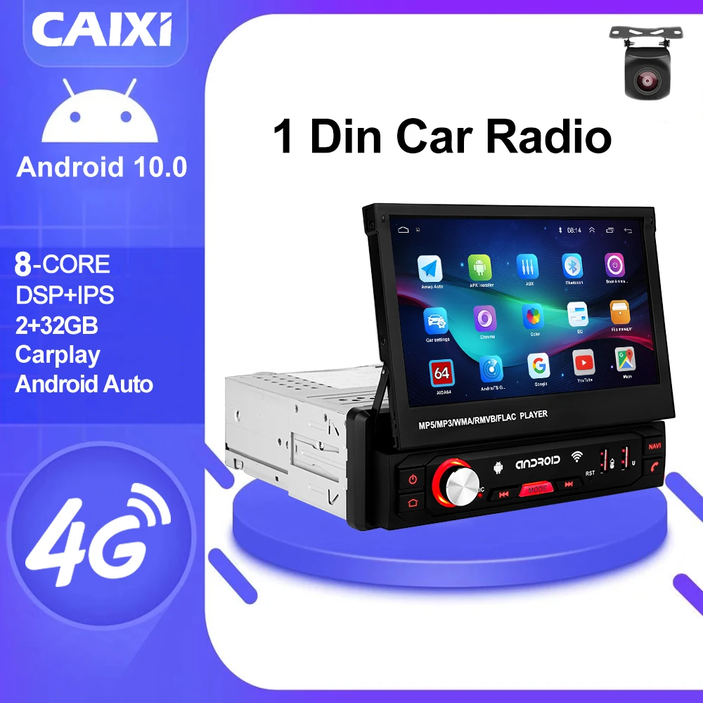 CAIXI 8-ядерный 4G + WIFI 7-дюймовый выдвижной экран 1 Din Android 10 Автомагнитола