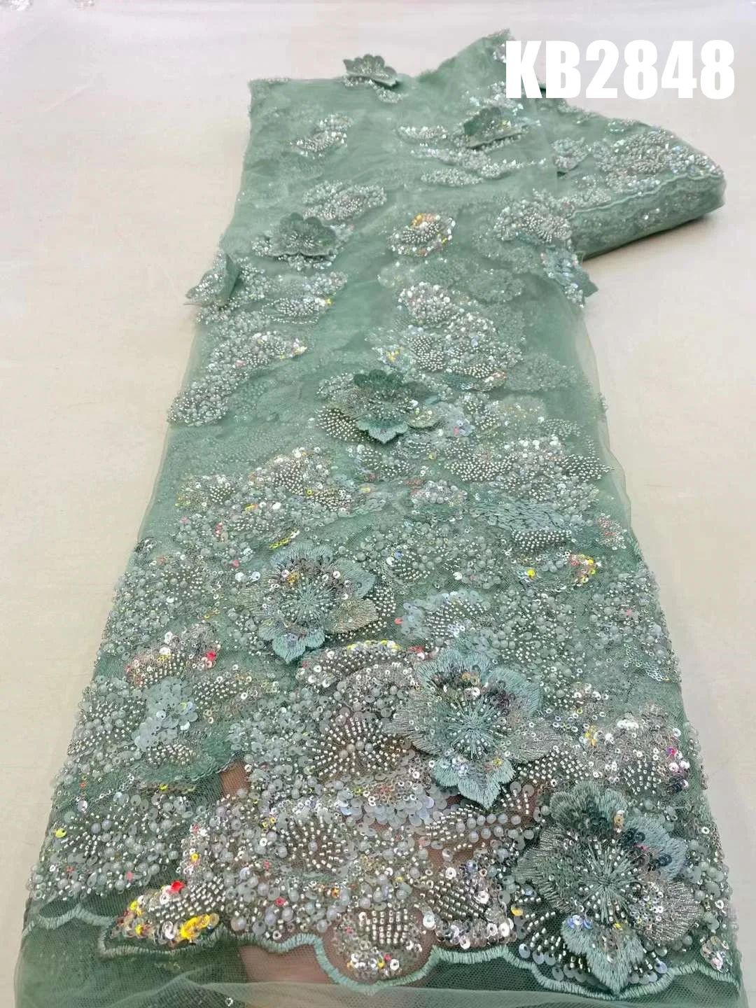 

Mint Green Beaded Lace Fabric Africa Lace Fabric High Quality 2023 White Lace Fabric With Beads For Wedding Dress Sewing KB2848