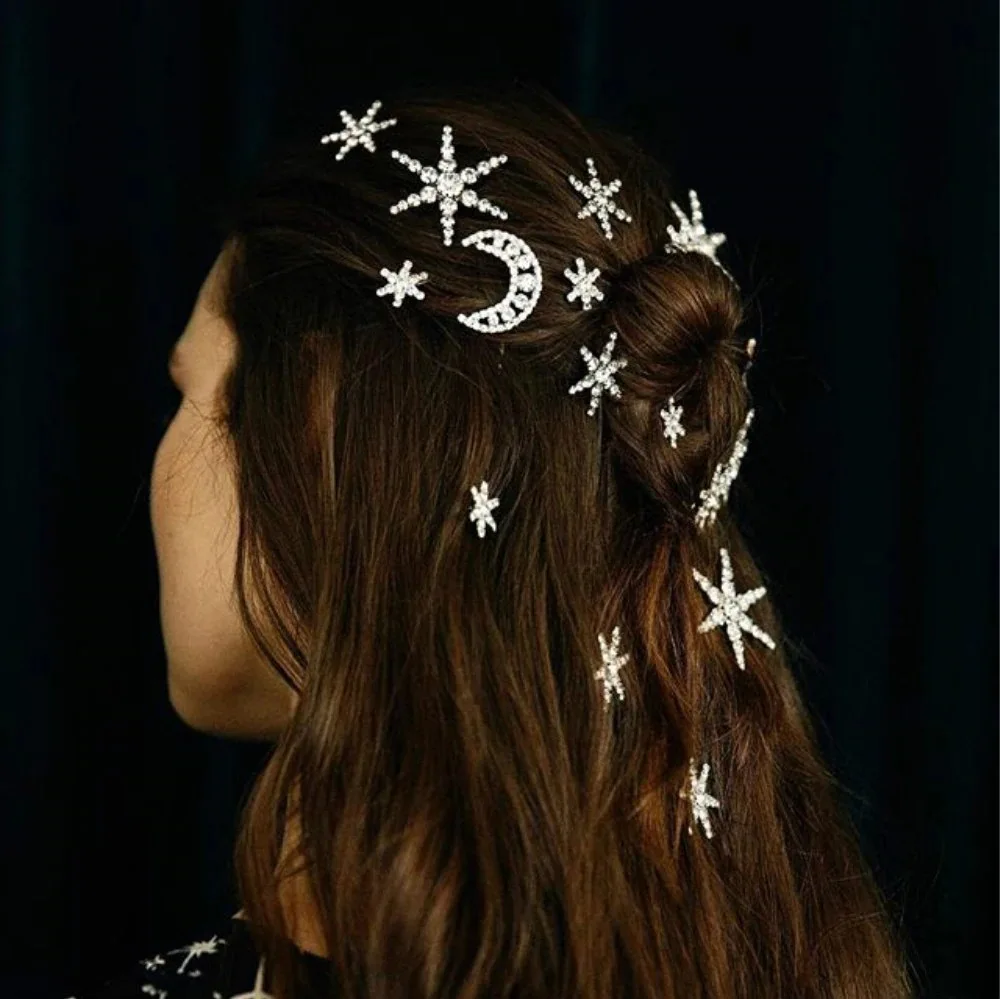 

2023 Cross-border foreign trade rhinestone word clip stars and moon shining bridal hairpin headdress starry hair accessories