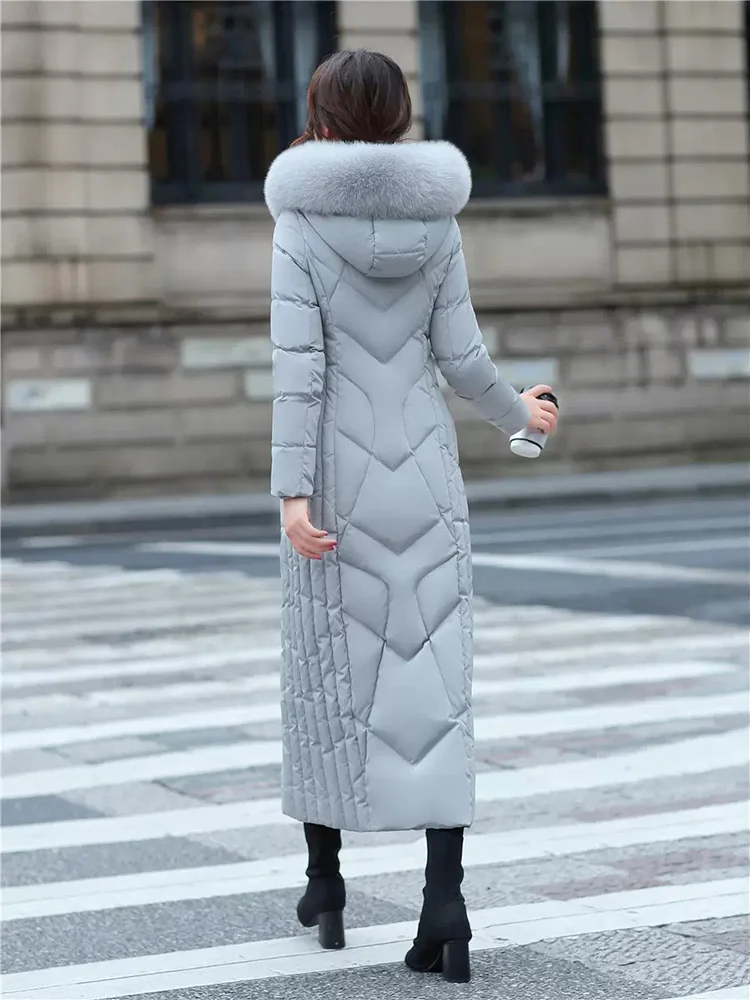 New Women Down Coat Ankle-Length Winter Fashion Detachable Real Fox Fur Collar Thicken Warm Long Down Jacket Slim Overcoat