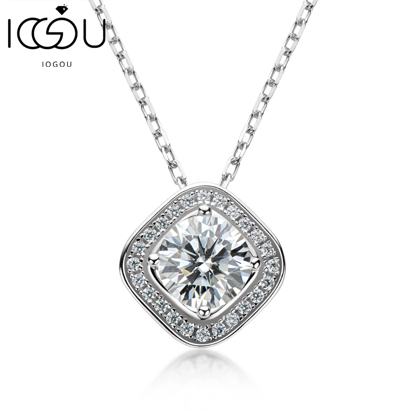 

IOGOU 925 Silver 6.5mm Round Moissanite Square Necklace Unique Fashion Luxury Square Bag Pendant Necklace Jewelry Gift For Women