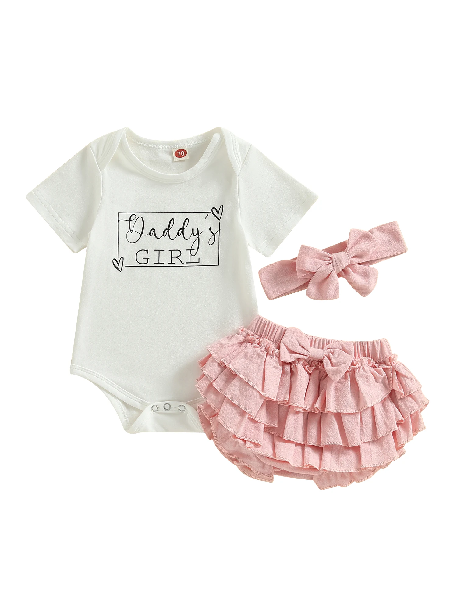 Adorable Baby Girl s Summer Set with White Short Sleeve Romper Layered Ruffle PP Shorts and Matching Headband - Perfect for