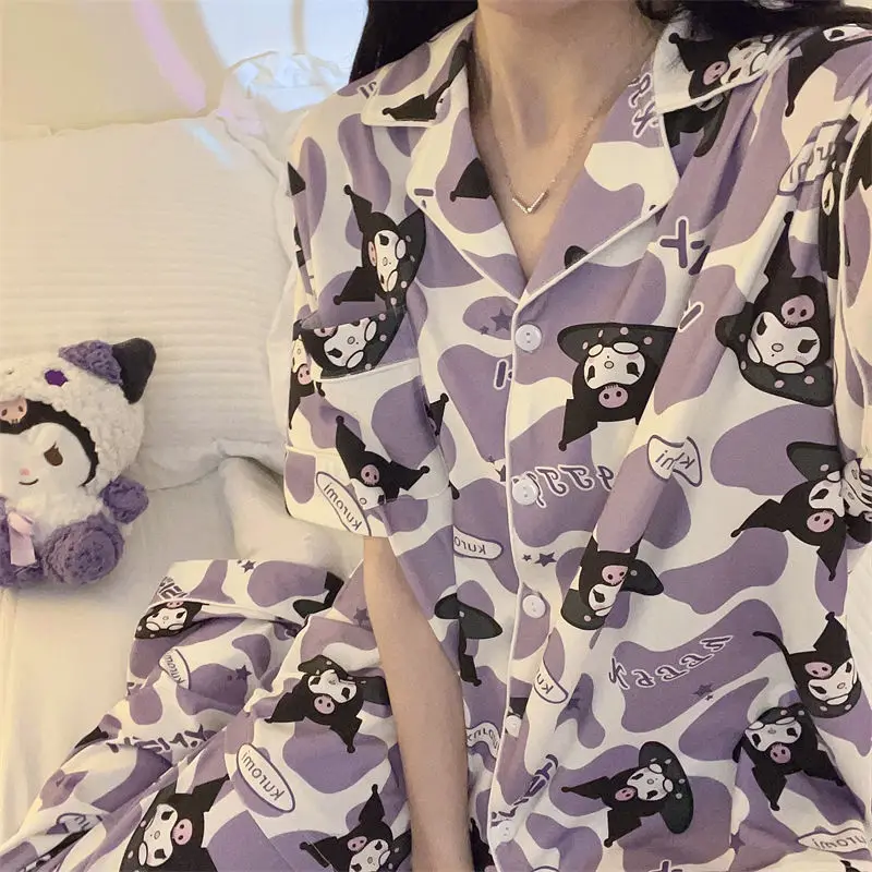 

Underwear Sanrios Pajamas Set Kuromi Summer Cotton Pajamas Female Short Sleeve Cartoon Homewear Three-piece Set