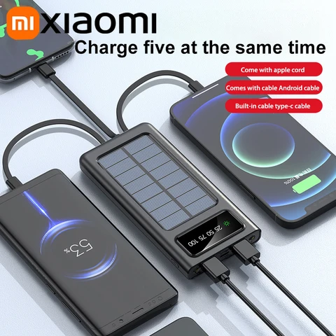 Xiaomi Solar Power Bank 200000 Моббильный аккумулятор большой емкости мАч с быстрой зарядкой и двумя USB-кабелями для iPhone Samsung