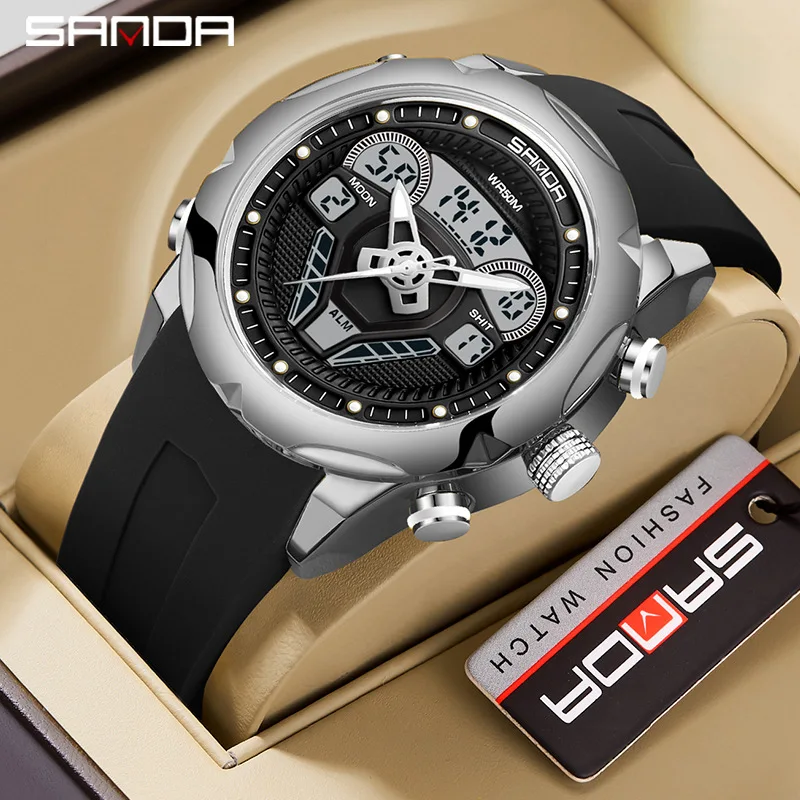 

Sanda 9022 2023 Car Wheel Design New Model LED Digital Analog Display Waterproof Alarm Mode Fashion Men Sport Wrist Watch