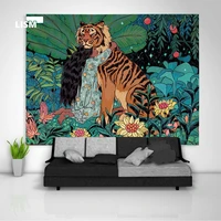 psychedelic tapestry mysterious forest wall hanging blanket girl tiger moon style print aesthetic art trendy home bedroom decor