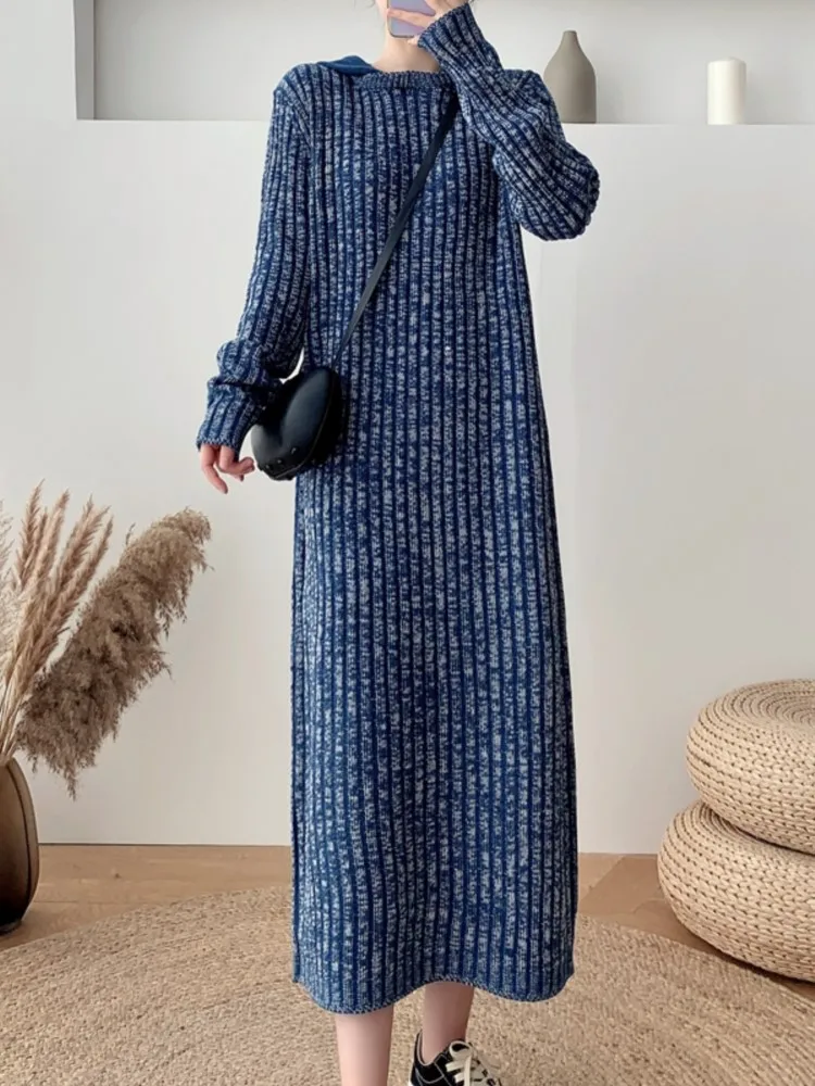 

Korean Fashion Elegant Hooded Sweater Dresses Women Casual Loose Vintage Knitwear Ribbed Warm Robe Party Solid Female Vestidos