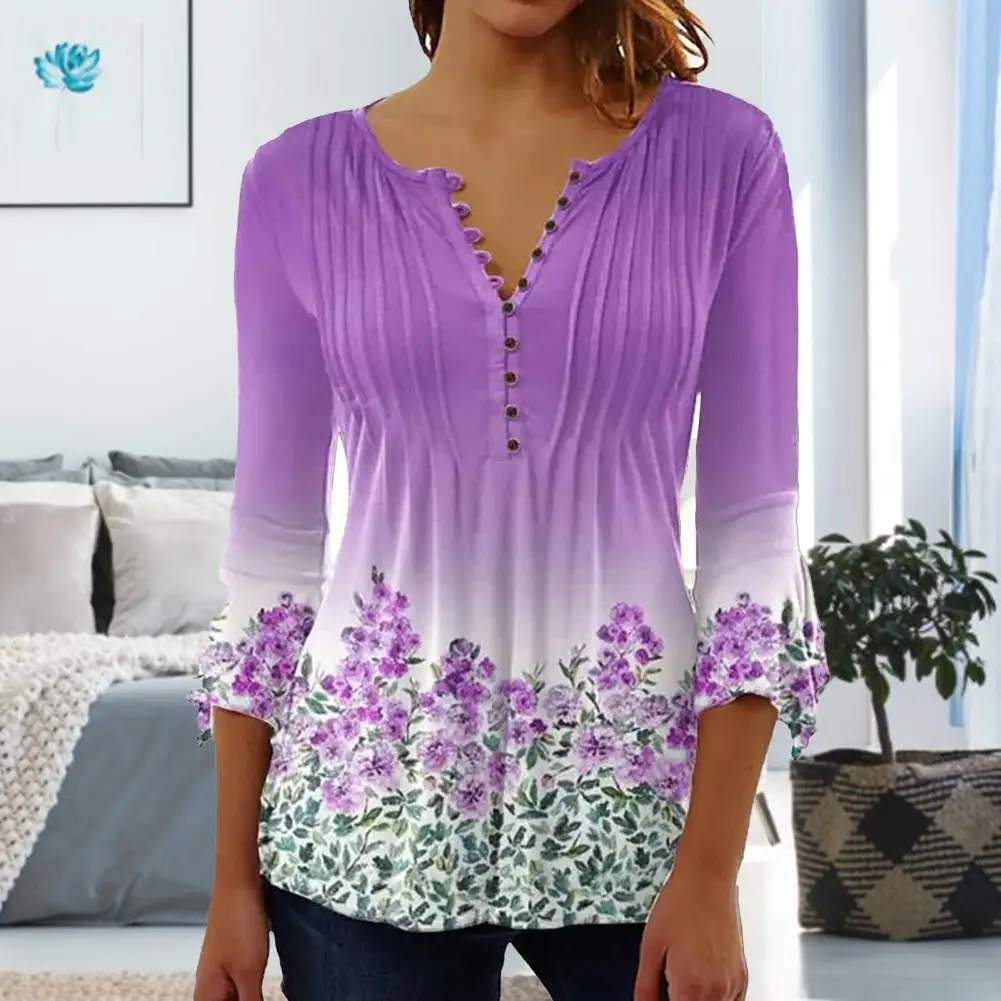 

Trendy Tunic Top Soft Buttons Half Placket 3D Cutting Summer Pleated Slim Fit Tunic T-shirt Tunic Shirt Versatile