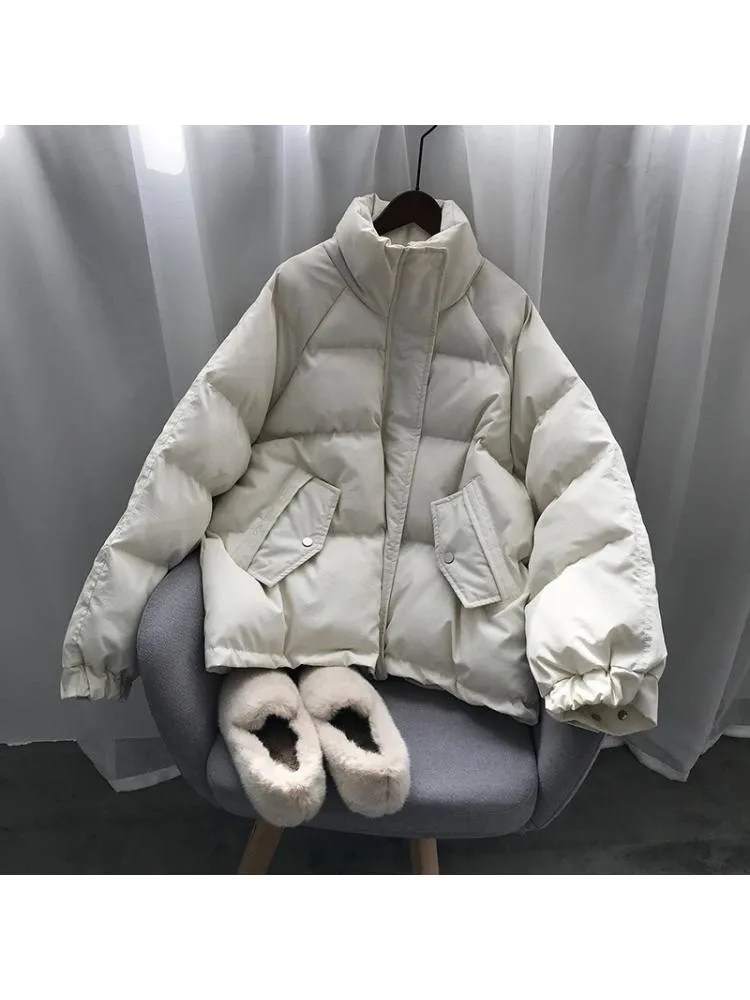 2022 Winter Korean Version Of Short Cotton-Padded White Parkas Women Stand Collar Loose Warm Bread Coats Jackets