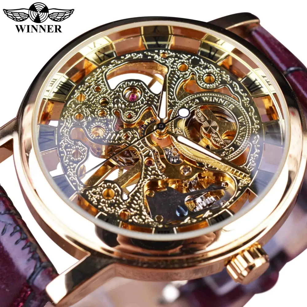 

2022 Winner Luxury Brand Men's Watches Royal Carving Skeleton Brown Leather Strap Transparent Thin Case Skeleton Design Watches