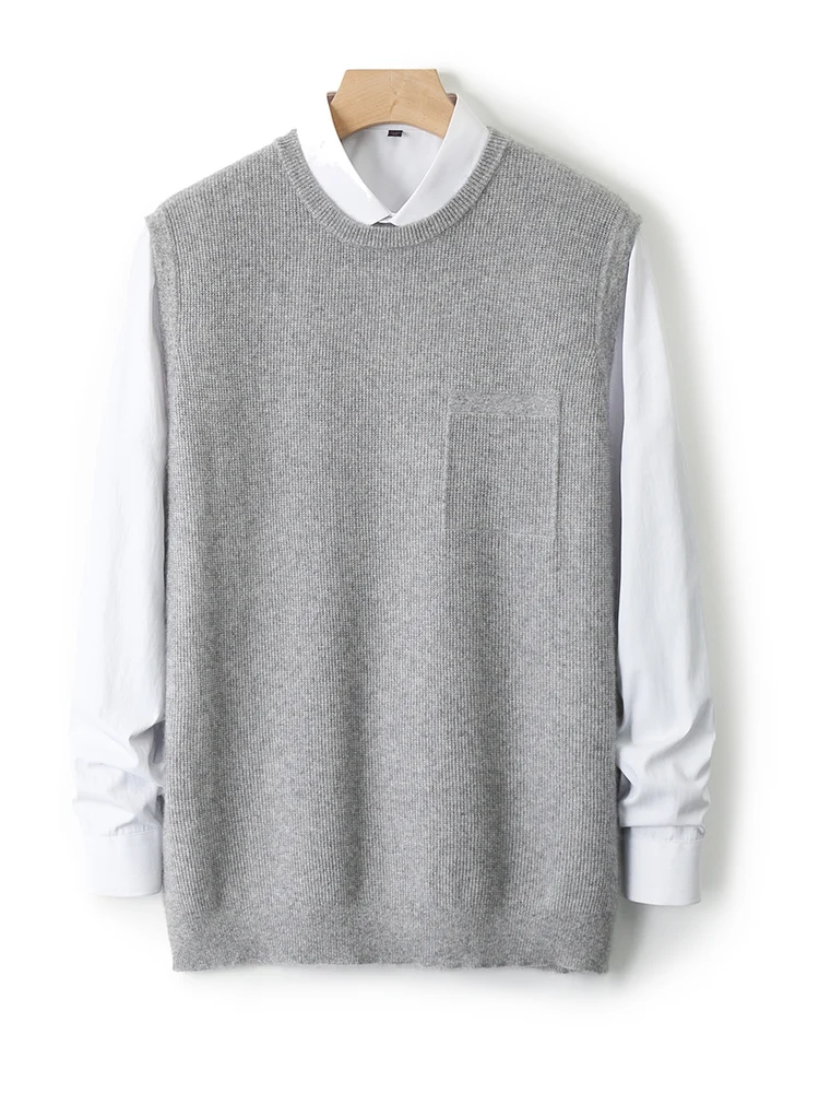 100% чистая шерсть жилет свитер мужской свободный вязаный с круглым вырезом
