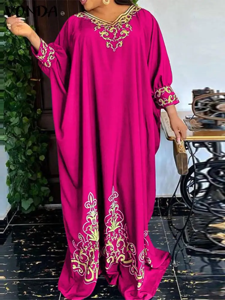 

VONDA Bohemian Printed Maxi Dress 2022 Autumn Women Sexy V-Neck Baggy Bat Sleeve Long Vestidos Casual Loose Party Sundress Robe