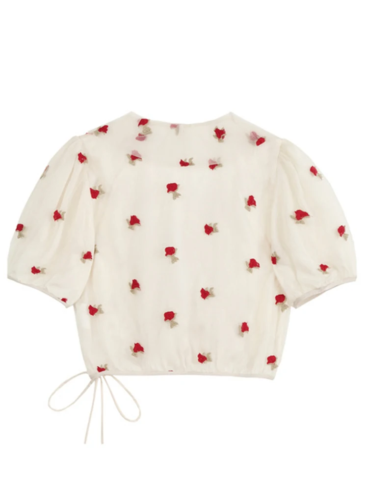 Женская газовая рубашка с вышивкой розы 2024 летняя шикарная Y2k v-образным вырезом и