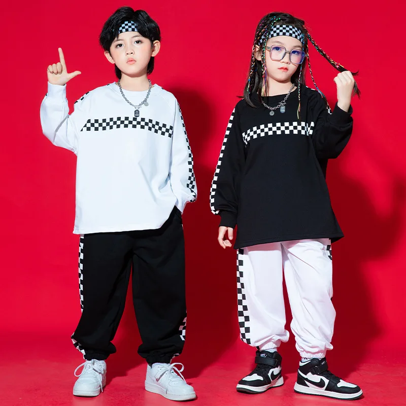 

Kid Kpop Hip Hop Clothing Checkered Sweatshirt Top Casual Streetwear Jogger Sweat Pants for Girl Boy Jazz Dance Costume Clothes