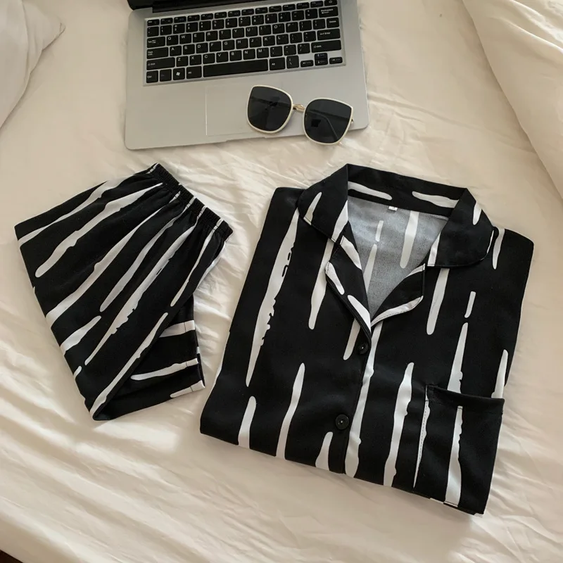 Harajuku Pajamas Set For Women Summer V Neck 2 Pieces Sleepwear Korean Style INS Casual Home Clothes Anime Girls Print Nightgown