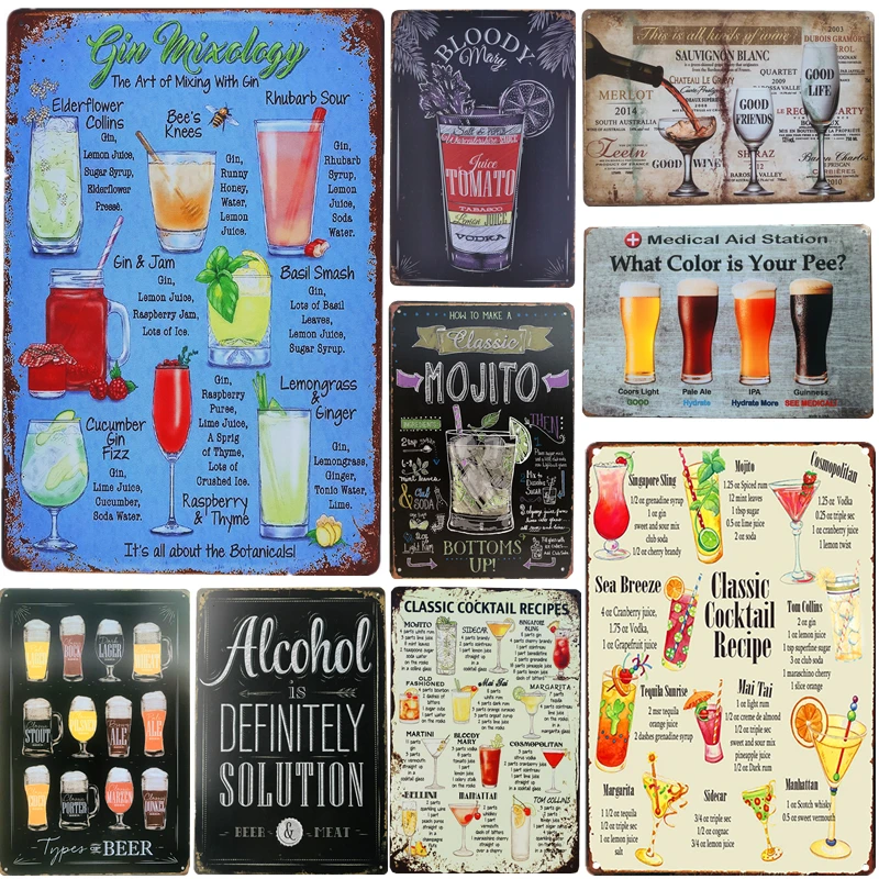 

Vintage Mojito Cocktail Metal Tin Signs Plaque Beer Wine Poster Bar Pub Man Cave Decorative Wall Plaques Printed Art Signs Decor