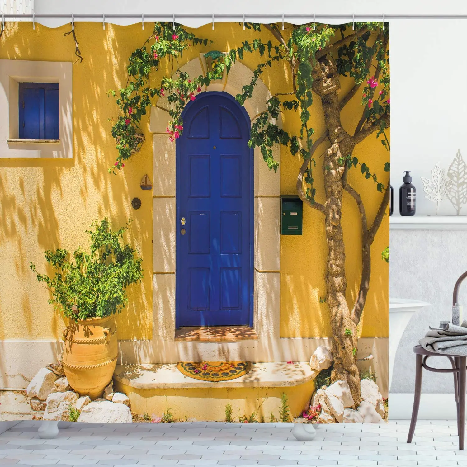 

Yellow and Blue Shower Curtain, Traditional Greek House Door with Flowers and Tree Mediterranean Scenery, Cloth Fabric