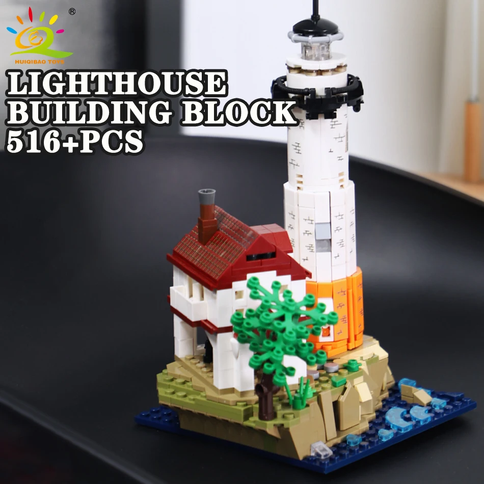 

HUIQIBAO 516 шт. городской морской модель маяка, строительные блоки, набор для детей, сделай сам, навигация, Марка, дом, сборка, кирпичи, игрушки для детей