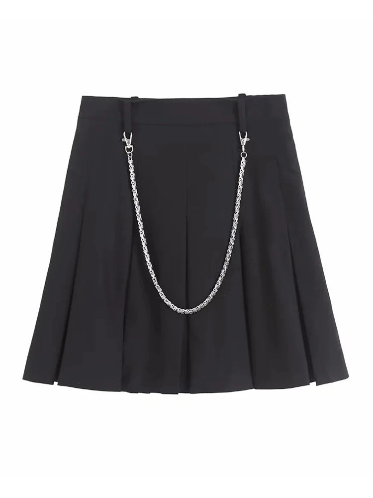 

Women 2023 Spring New Fashion Chain Decoration Black Skirts Female Za High Waist Pleated Casual Skirt Girls Loose Skirt Femme