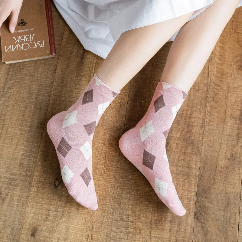 5 Pairs Korean Japanese Cute Kawaii Cartoon Women Socks Ins Student Colorful Diamond Plaid Casual Tube Socks