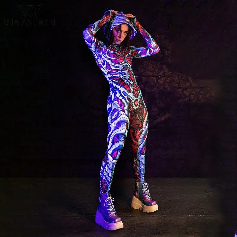 Женский костюм-скелет на молнии спереди с капюшоном