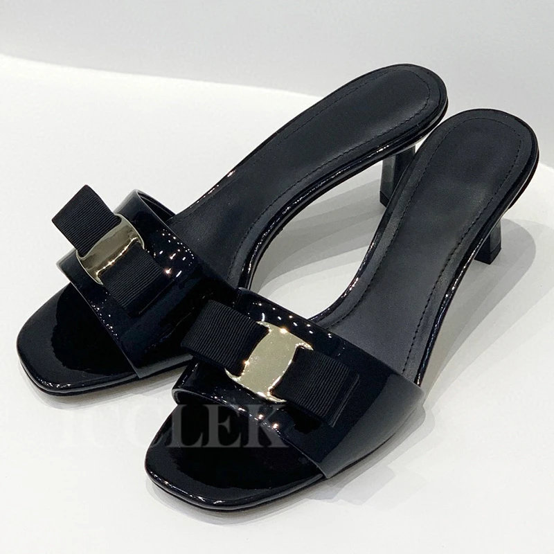 

New Women Slippers 2023 Summer Metal Buckle Butterfly-knot Design High Heel Shoes Square Head Open Toe Banquet Female Pumps