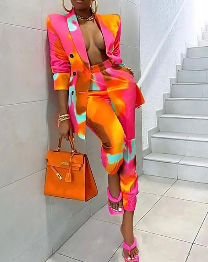 Elegant Two Piece Sets Womens Outifits Office Lady Tie Dye Print Long Sleeve Shawl Collar Buttoned Blazer Coat & Work Pants Sets