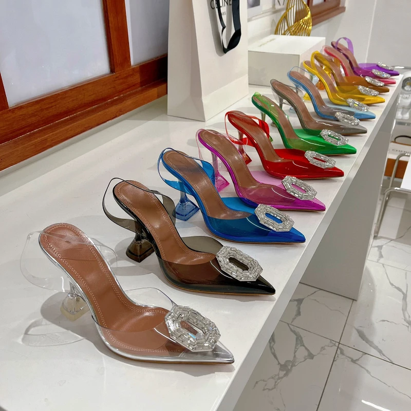 Women's pointed sandals 2023 spring and summer new style rhinestone square buckle high heels fashion banquet Baotou muller shoes