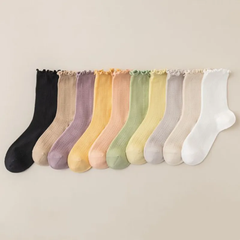 New Solid Color Cotton Woman Socks Soft Breathable Harajuku Crew Socks Hollow Thin Mesh Japanese Kawaii Cute Frilly Ruffle Socks