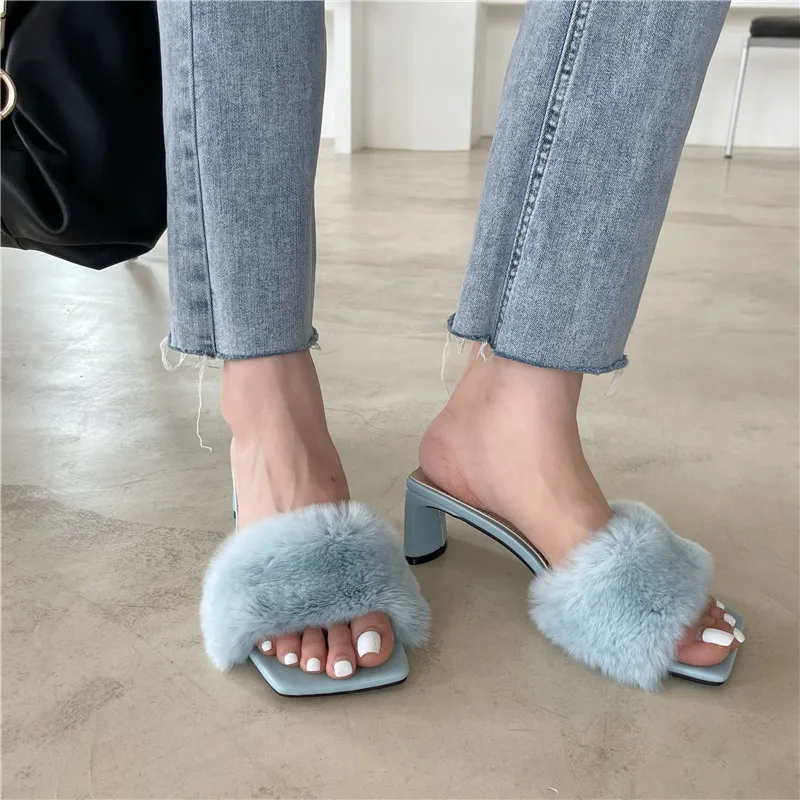 

2022 brand design women's furry slippers rabbit fur slippers high heels ladies flip flops fluffy slippers furry slippers shoes
