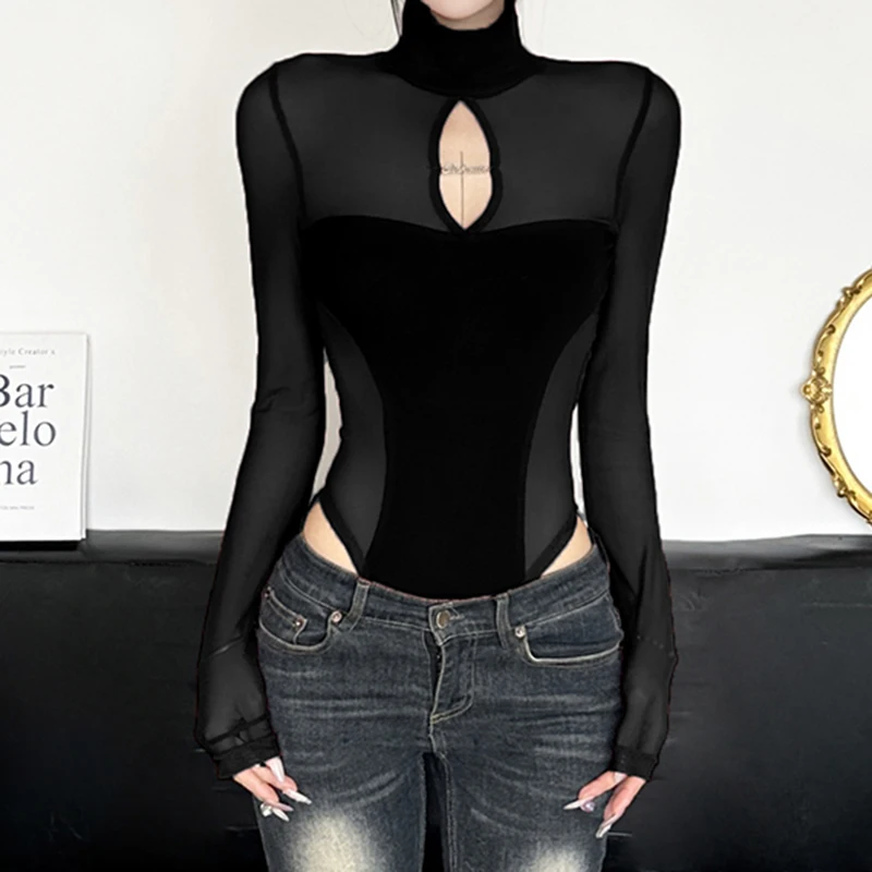 IAMHOTTY ажурное сетчатое лоскутное боди женский облегающий топ с высоким