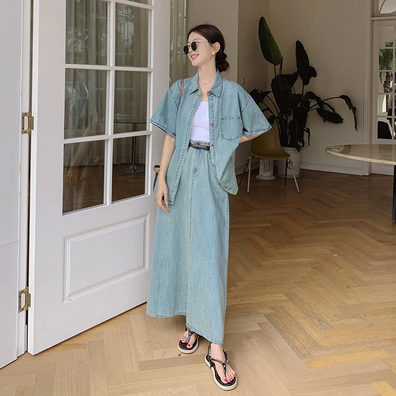 

Korean Style Denim Two Piece Sets 2023 Summer Women Elegant Loose Short Sleeve Shirt High Waist A-line Long Skirt Suits 2382