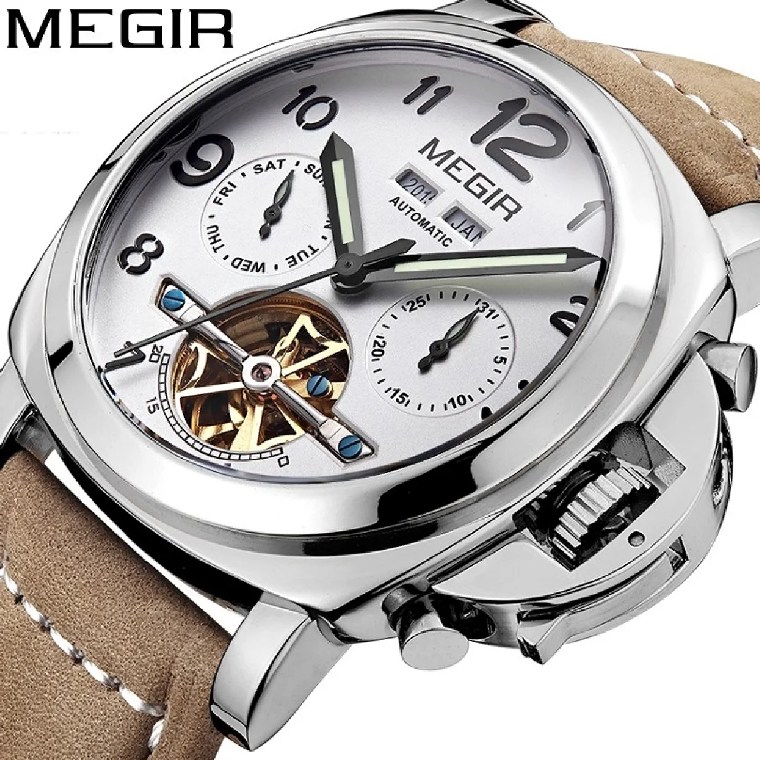 

MEGIR Original Men Skeleton Automatic Wristwatch Sport Chronograph Date Calendar Genuine Leather Military Relogio Masculino Saat