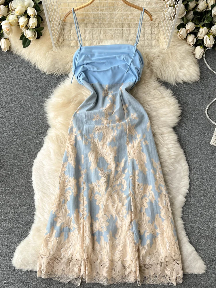 

Fitaylor New Summer Sexy Women Spaghetti Strap Midi Dress Casual Female Holiday Beach Fairy Dress Lace Patchwork Dress