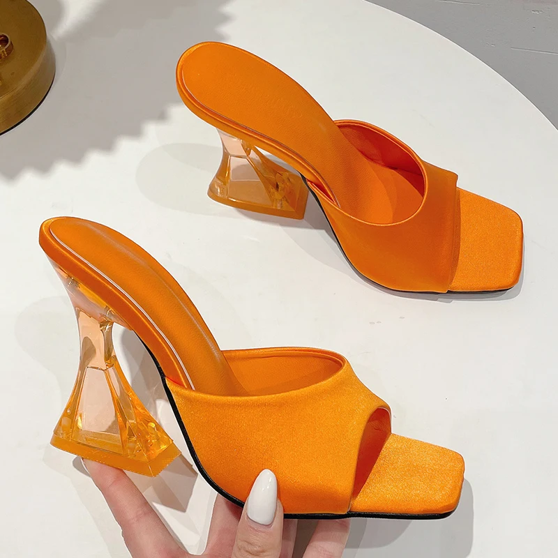 

2022 Women Summer Starnge Clear High Heels Slipper Green Orange Heels Open Toe Slides Mules Outdoor Dress Sandals Party Shoes