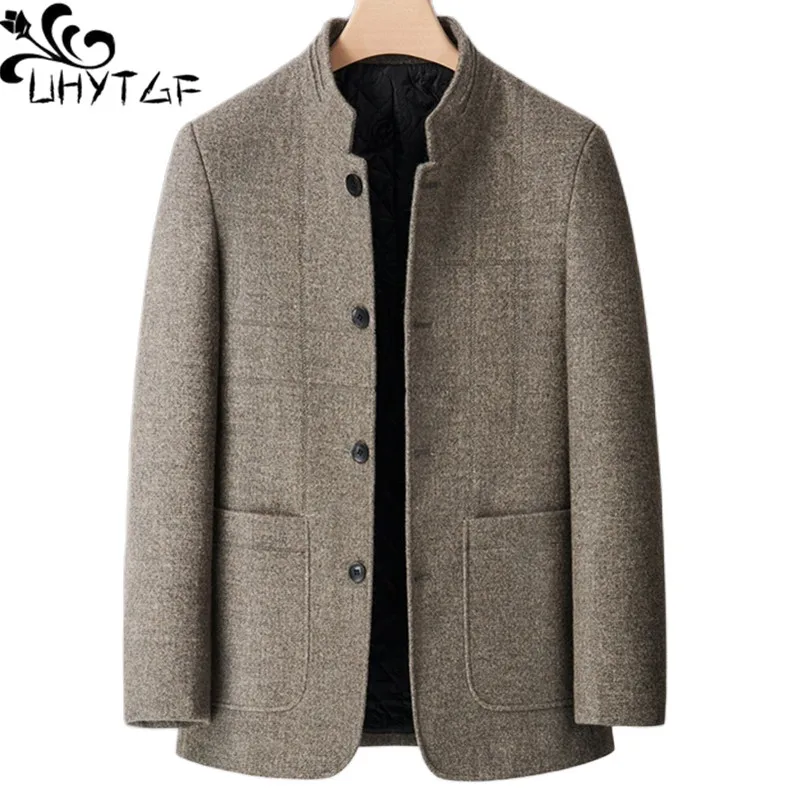 

UHYTGF Middle Aged Dad Autumn Winter Jacket Men's Fashion Stand Collar Quality Woolen Coat Male Business Casual Men Outewear 159