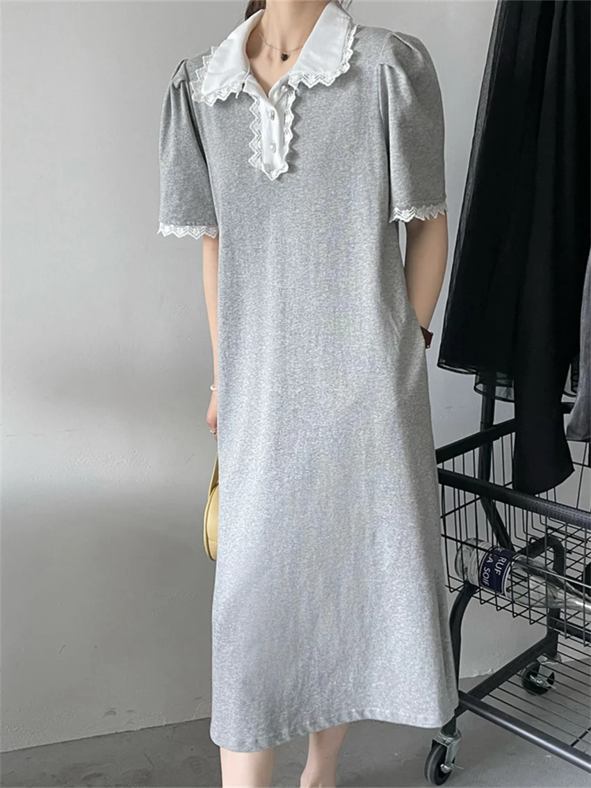 

Женское прямое платье в стиле преппи, свободное летнее кружевное лоскутное повседневное модное шикарное серое платье с коротким рукавом, м...