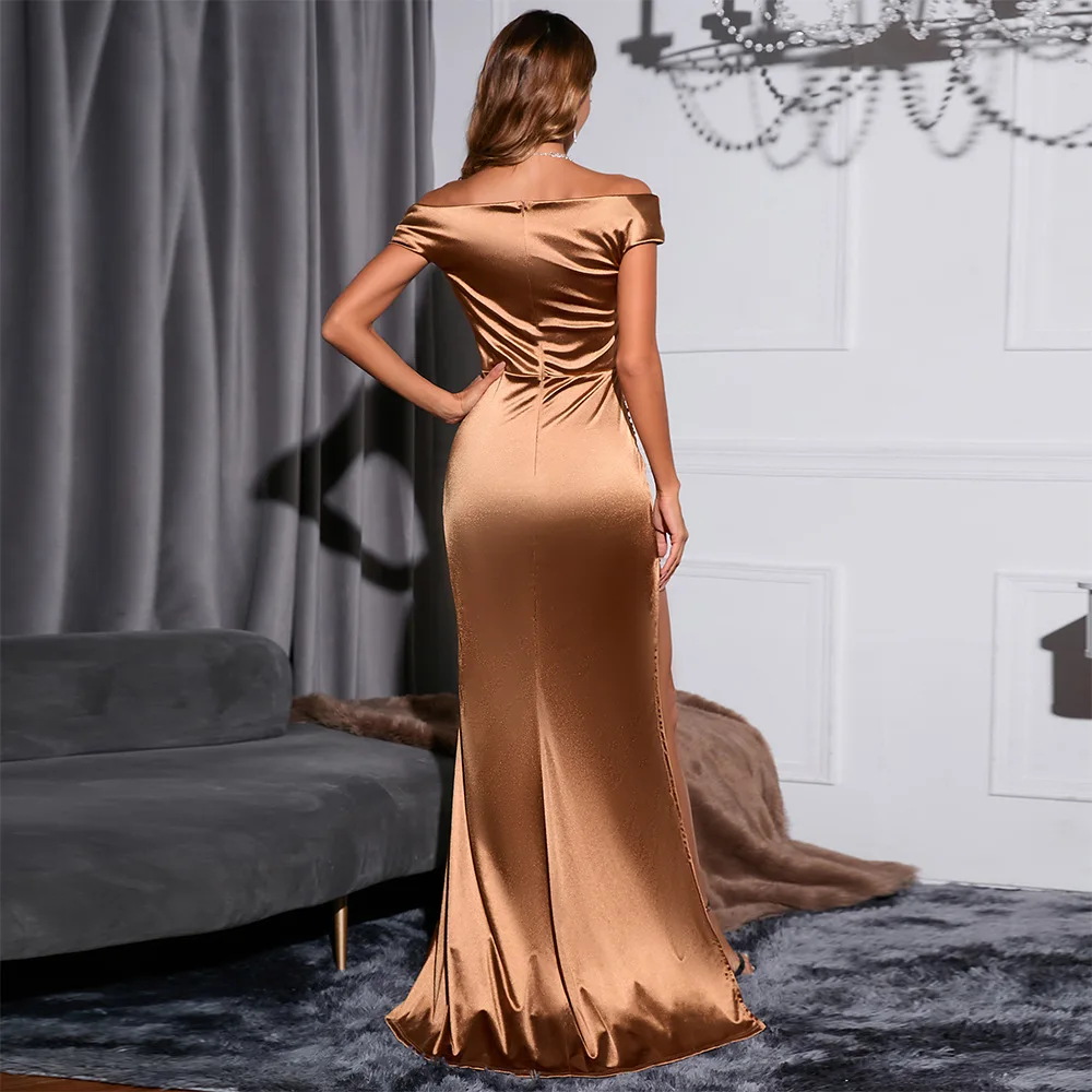 Women Elegant Gold Cocktail Dress Off-Shoulder Short Sleeve Prom Party Dress Bodycon Slim Waist High Split Bridesmaid Dresses