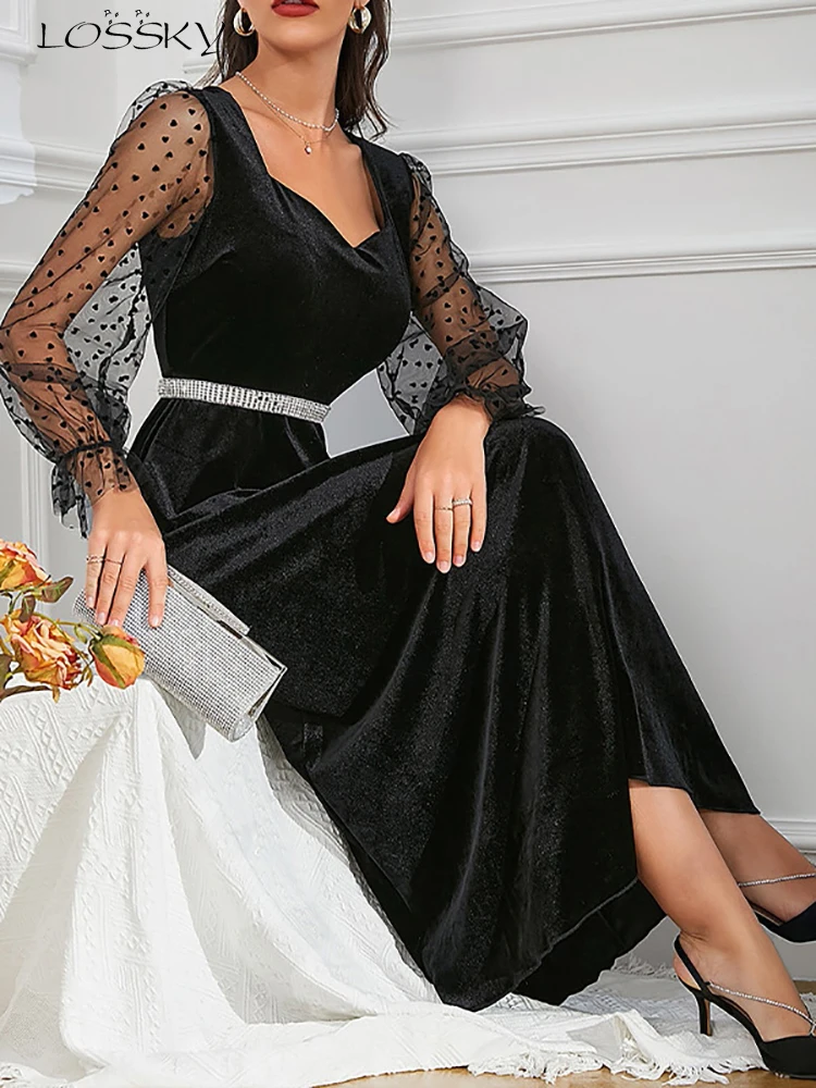 

Elegant Velvet Midi Dress Women Fashion Square Collar Hollow Mesh Sleeve Party Dresses Autumn Casual Black A-line Dress 2022