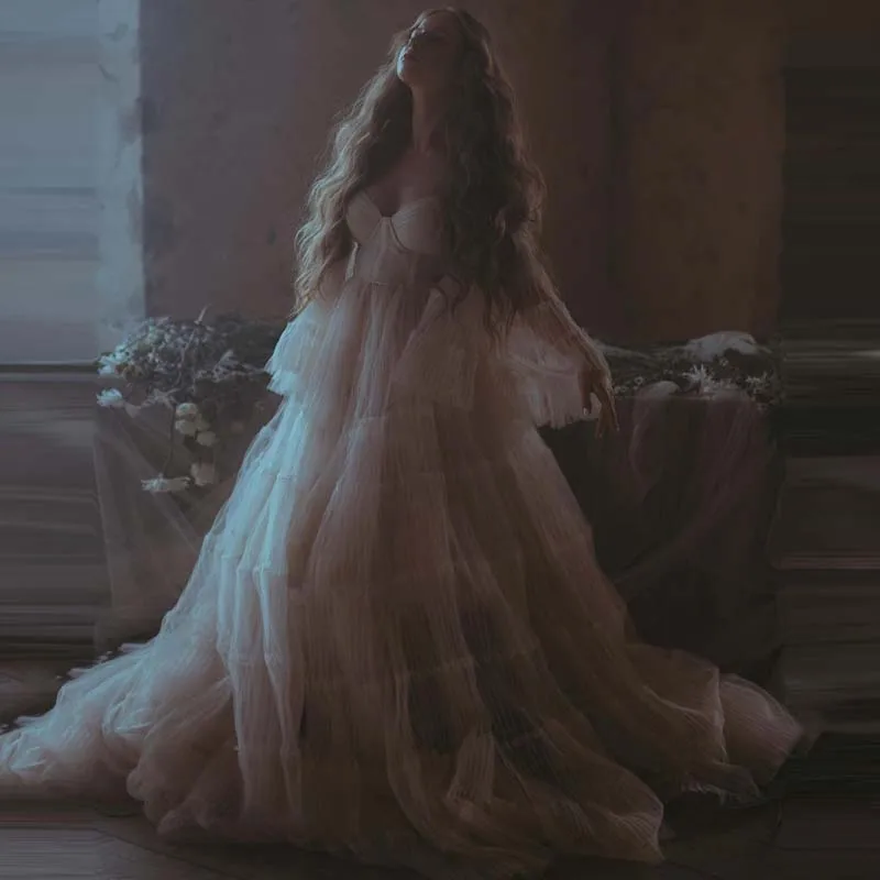 

Pretty Pleated Tulle Maternity Gowns Flare Long Sleeves Strapless See Thru Illusion Women Dress Robes Kleid To Photo Shoot Kleid