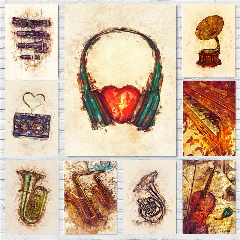 Музыкальный инструмент скрипка Victrola Horn Sax фортепиано кларнет плакат печать