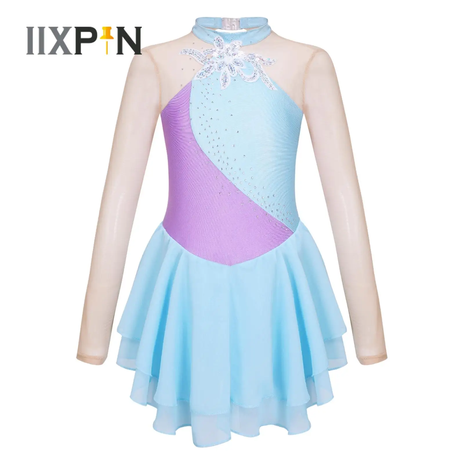 

Kids Girls Ballet Dance Costume Shiny Sequins Long Sleeve Round Collar Figure Skating Dance Dress Gymnastics Jumpsuit Dancewear